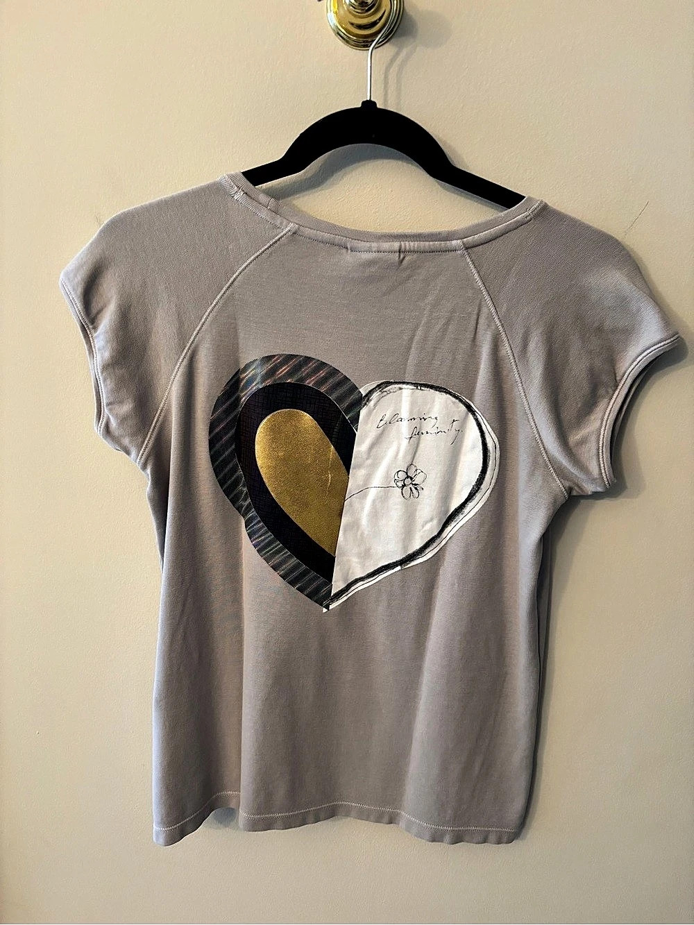 Desigual Heart Cotton Graphic T-Shirt Short Sleeve Gray Large NWT
